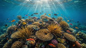 印度尼西亚拉贾安帕令人惊叹的海底珊瑚礁景观，以海洋生物多样性闻名。