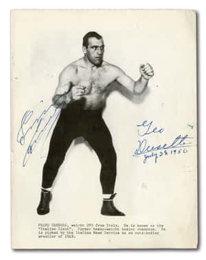 簽名的復古照片，拳擊手Primo Carnera戰鬥姿勢，有文字和簽名。 — 義大利 GIF 壁紙