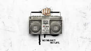 拳頭擊穿音箱，文字寫著 no music no life。 — 復古 壁紙