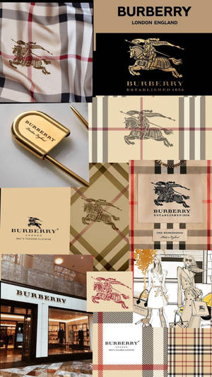 Burberry 品牌拼貼畫，包含格紋圖案、騎士標誌、商店和配件。 — 美學拼貼 壁紙
