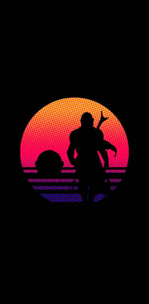 戰士剪影映襯著像素夕陽漸變圓圈。 — 曼達洛人 壁紙