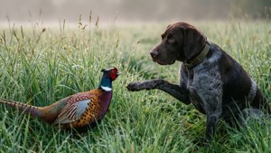 一隻獵犬在霧氣瀰漫的草地上向一隻雉雞伸出爪子。 — 黎明 壁紙