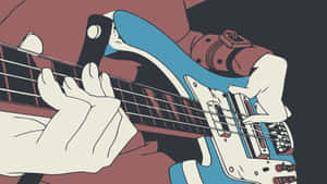 特寫手在風格化插圖中彈奏藍白低音吉他。 — FLCL 壁紙