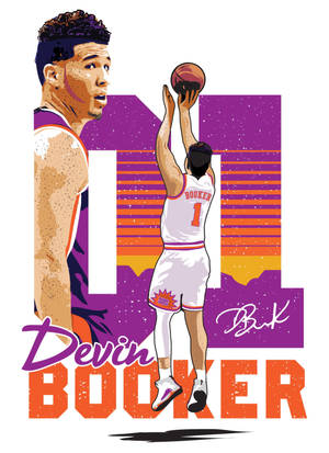 Devin Booker 在風格化的日落背景下投籃的動作，並顯示他的名字。 — Devin Booker 壁紙