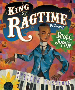 《King of Ragtime》封面，顯示一個男孩站在鋼琴鍵上，周圍有音符和向日葵。 — Galaxy Z Fold 壁紙