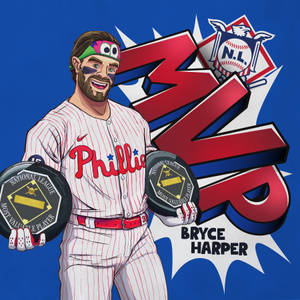 Bryce Harper 身穿費城人隊制服，手持兩座國家聯盟 MVP 獎盃，搭配大膽的圖形設計。 — 布萊斯·哈波 壁紙