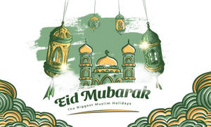 以綠色和金色清真寺及掛燈籠為主題的 Eid Mubarak 祝福。 — 慶祝 壁紙