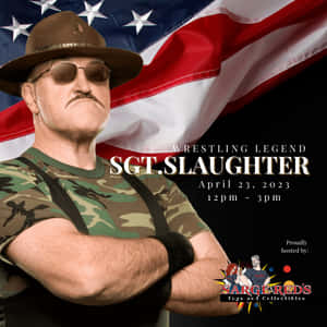 摔角傳奇Sgt Slaughter身穿軍裝，以美國國旗為背景出席活動。 — 美國隊長盾牌 壁紙