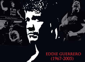 摔角手 Eddie Guerrero 的黑白風格肖像，附有職業生涯拼貼和紅色文字。 — 摔角 壁紙