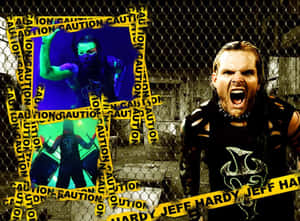 摔角手 Jeff Hardy 在鐵絲網後面，帶有警示膠帶和霓虹圖像。 — 運動 壁紙