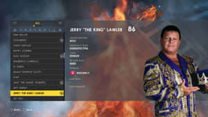 摔角手 Jerry 'The King' Lawler 在遊戲角色選單中，背景火熱。 — 電玩遊戲 GIF 壁紙