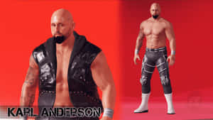 摔角手 Karl Anderson 身穿黑色皮背心和摔角緊身褲，背景為紅色。 — 拼貼 壁紙