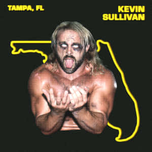 摔角手 Kevin Sullivan 擺出伸出舌頭、手掌向上的姿勢，由黃色佛羅里達州輪廓框住。 — 文斯·卡特 壁紙
