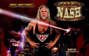 摔角手 Scott Hall 穿著印有 'NASH' 標誌的黑色背心，背景是發光的紅色城市天際線夜景。 — 摔角 壁紙