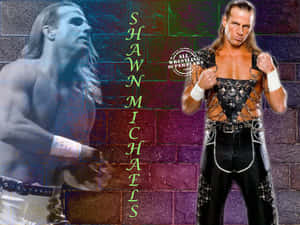 摔角手 Shawn Michaels 以兩個姿勢在色彩繽紛的磚牆前，並顯示他的名字。 — 摔角 壁紙