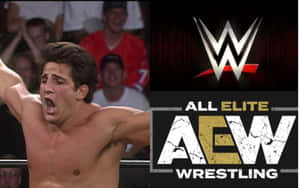 摔角手慶祝勝利，展示 WWE 和 AEW 標誌。 — 摔角 壁紙
