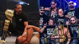 摔角手高舉冠軍腰帶，壓在倒下的對手身上，Bullet Club 團隊在圍欄後歡呼。 — 摔角 壁紙