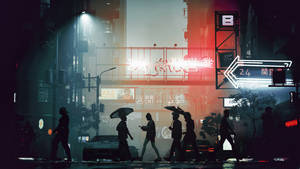 人們撐著雨傘在夜晚穿過一條下雨的霓虹燈城市街道。 — 電玩遊戲 GIF 壁紙