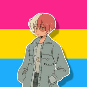 擁有雙色頭髮的動漫角色站在泛性戀旗前。 — 動漫愛情 GIF 壁紙
