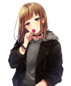 動漫女孩咬著紅色棒棒糖，身穿黑色外套和頸鏈。 — Motorola Razr Ultra 2025 壁紙