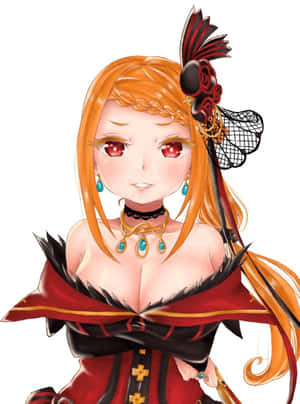 擁有橙色頭髮和紅色眼睛的動漫女孩，穿著紅黑哥德式服裝。 — Kindle 壁紙