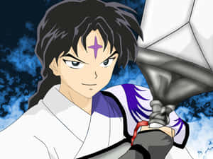 擁有紫色印記的動漫戰士在暴風雨的天空中持劍。 — 混沌武士 壁紙