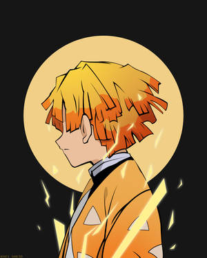 擁有橙色頭髮和閃電效果的動漫男孩，以金色太陽為背景。 — 鬼殺隊 善逸 壁紙