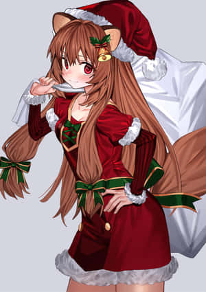 動漫女孩戴著狐狸耳朵和聖誕老人服裝，拿著湯匙靠近嘴巴。 — 拉芙塔莉雅 壁紙