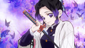 擁有紫色眼睛和蝴蝶背景的動漫戰士手持武士刀。 — 櫻島麻衣 壁紙