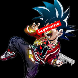 擁有藍色頭髮和紅色Supreme標誌的動漫角色，手持槍支和金鏈。 — 達爾 壁紙