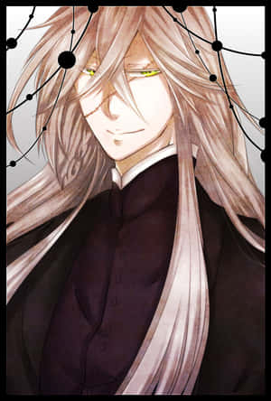 動漫男性，長金髮，發光綠色眼睛，深色正式服裝，線框光環下。 — 送葬者 壁紙