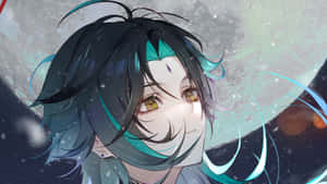 擁有青綠色和黑色頭髮的動漫角色在雪月下微笑。 — 原神 壁紙