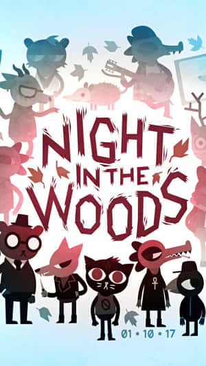 擬人化動物角色在風格化插圖中，標題為「Night in the Woods」。 — 魔法森林 壁紙