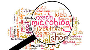 放大鏡聚焦於彩色社交媒體詞雲中的「microblog」。 — 高解析度 壁紙