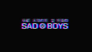 帶有「SAD BOYS」和日文字元的故障文字，在黑色背景上呈現彩虹色失真。 — 悲傷語錄 壁紙