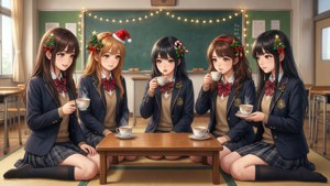 五個穿著校服的動漫女學生在聖誕節期間在裝飾過的教室裡喝茶。 — 動漫聖誕 壁紙