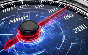 數位速度計顯示180 Mbps，帶有發光紅色指針和二進位代碼背景。 — 藍色美學 壁紙