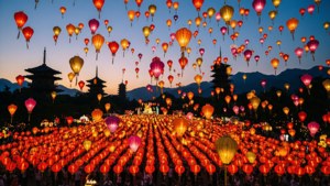 暮色天空下，無數彩色燈籠升起，襯著寶塔的全景景觀。