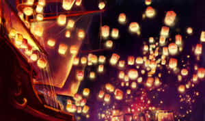 在節日慶祝活動中，數百盞發光的燈籠升上夜空。 — 魔髮奇緣 壁紙