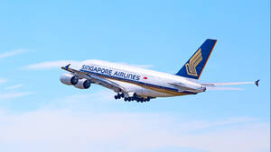 新加坡航空A380飛機在藍天下飛行，起落架伸出。 — 藍天 壁紙