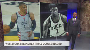 新聞主播在攝影棚螢幕上展示籃球統計數據。 — 阿諾·史瓦辛格 壁紙