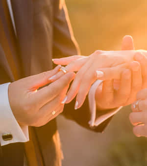 新郎在金色陽光下將結婚戒指戴在新娘的手指上。 — 榮耀Magic V 壁紙