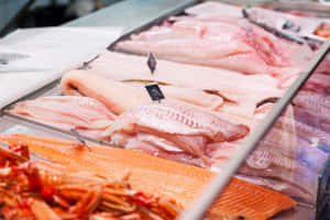 冷藏市場陳列櫃中的新鮮鮭魚和白魚片。 — 魚 GIF 壁紙