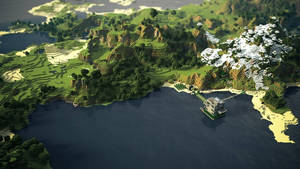 Minecraft島嶼上漂浮的城堡，有綠色山丘和雪峰。 — 我的世界 壁紙