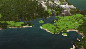 從上方俯瞰Minecraft島嶼，有綠色山丘和藍色海洋 — 我的世界 壁紙
