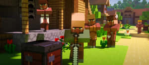 Minecraft村民在陽光明媚的村莊中，村裡有木屋和紅花。 — 我的世界苦力怕 壁紙