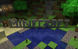 由方塊組成的Minecraft標誌，旁邊有河流、樹木和石屋。 — 我的世界 壁紙