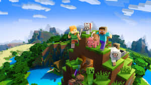 Minecraft玩家和動物在懸崖上俯瞰像素化景觀。 — 我的世界 壁紙