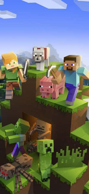 Minecraft玩家和怪物在藍天下站在浮動的草塊上。 — iPhone 14 Pro Max 壁紙