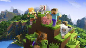 Minecraft玩家和動物在懸崖上俯瞰像素世界。 — 我的世界苦力怕 壁紙